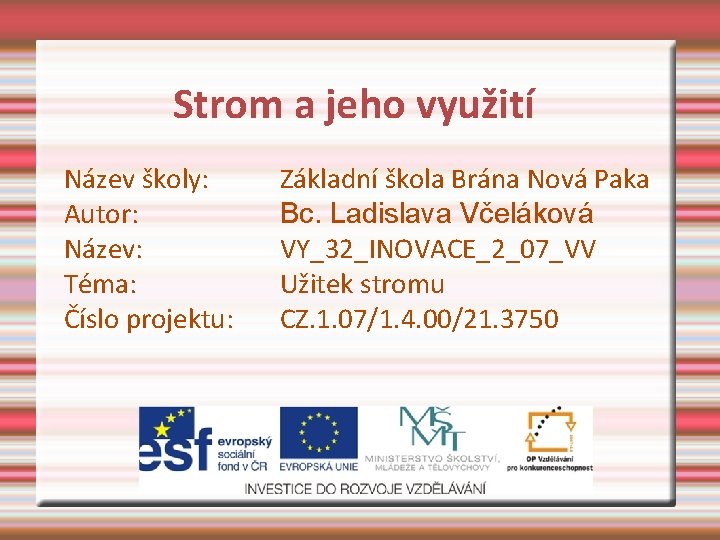 Strom a jeho využití Název školy: Autor: Název: Téma: Číslo projektu: Základní škola Brána