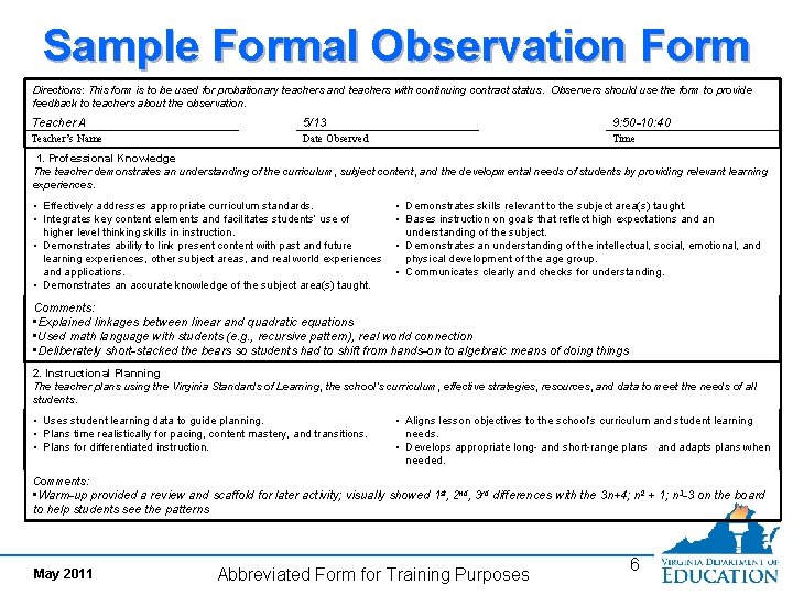 Sample Formal Observation Form Directions: This form is to be used for probationary teachers Sample Formal Observation Form Directions: This form is to be used for probationary teachers