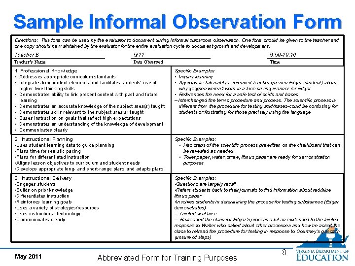 Sample Informal Observation Form Directions: This form can be used by the evaluator to Sample Informal Observation Form Directions: This form can be used by the evaluator to