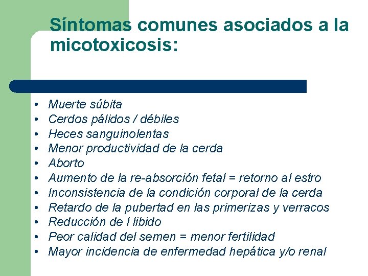 Síntomas comunes asociados a la micotoxicosis: • • • Muerte súbita Cerdos pálidos /