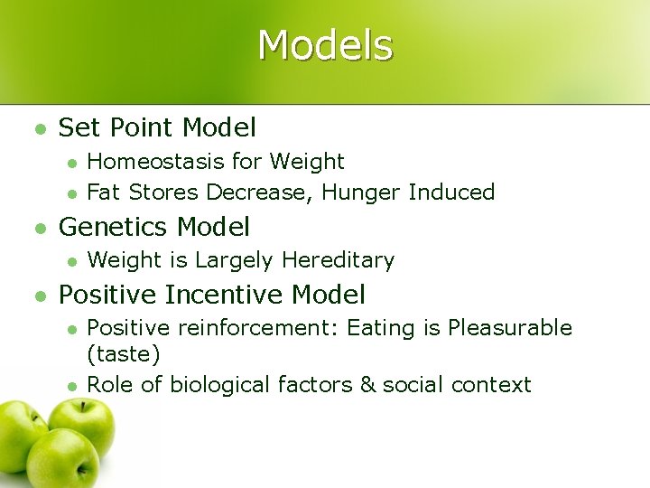 Models l Set Point Model l Genetics Model l l Homeostasis for Weight Fat