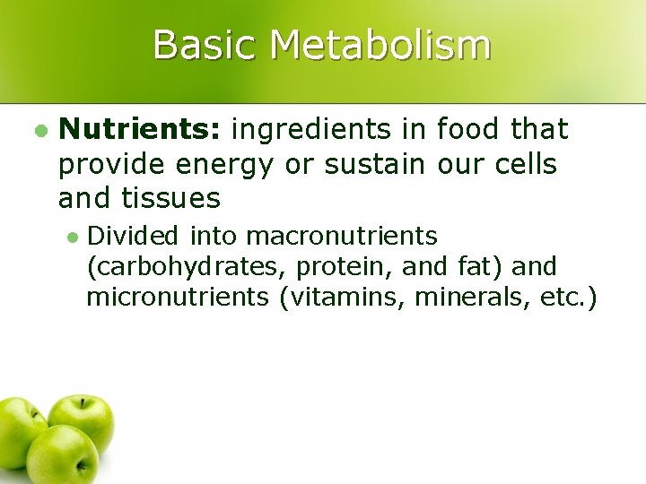 Basic Metabolism l Nutrients: ingredients in food that provide energy or sustain our cells
