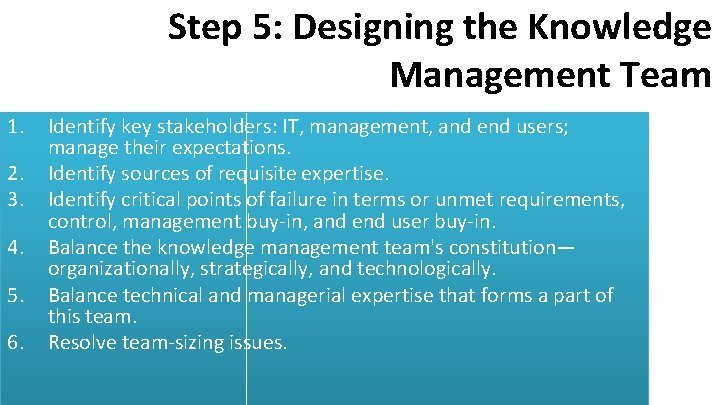 Step 5: Designing the Knowledge Management Team 1. 2. 3. 4. 5. 6. Identify