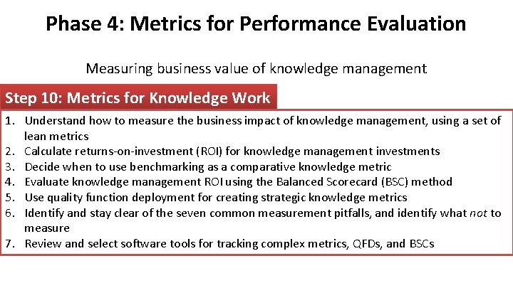 Phase 4: Metrics for Performance Evaluation Measuring business value of knowledge management Step 10: