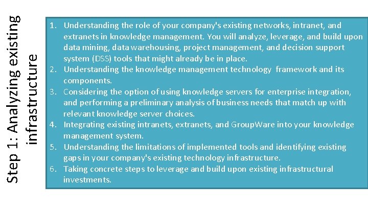 Step 1: Analyzing existing infrastructure 1. Understanding the role of your company's existing networks,