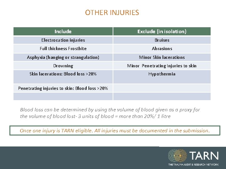 OTHER INJURIES Include Exclude (in isolation) Electrocution injuries Bruises Full thickness Frostbite Abrasions Asphyxia