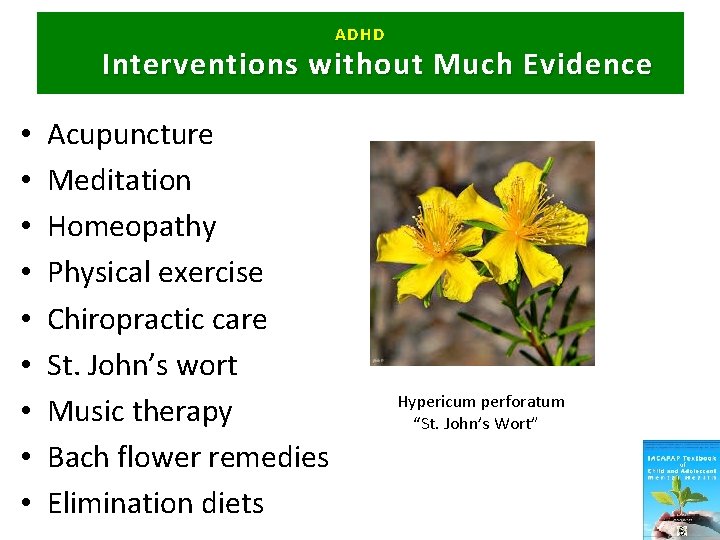 ADHD Interventions without Much Evidence • • • Acupuncture Meditation Homeopathy Physical exercise Chiropractic