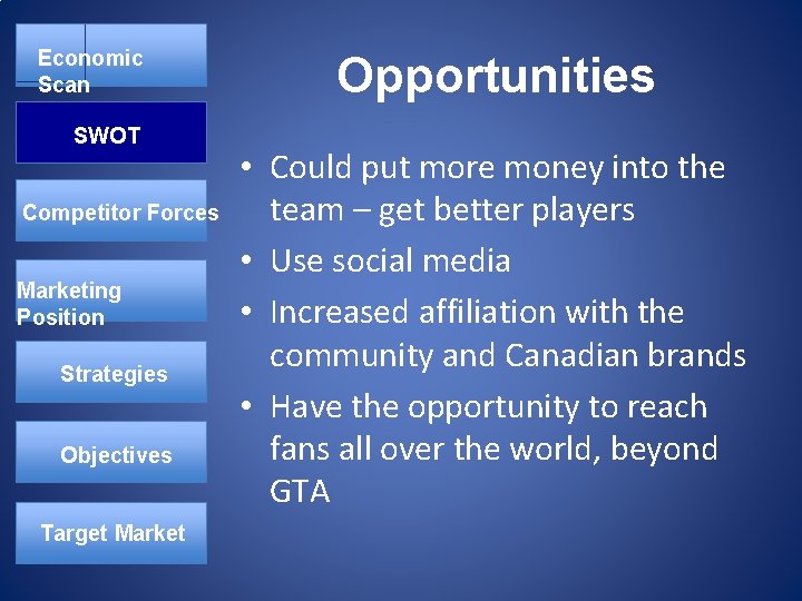 Economic Scan SWOT Competitor Forces Marketing Position Strategies Objectives Target Market Opportunities • Could