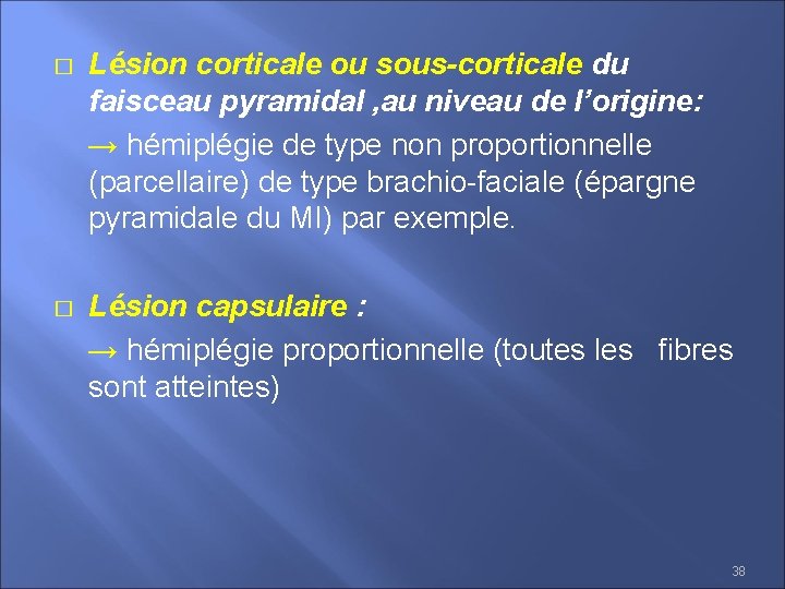� Lésion corticale ou sous-corticale du faisceau pyramidal , au niveau de l’origine: →