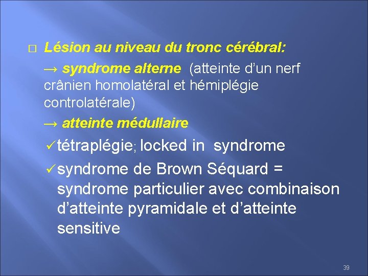 � Lésion au niveau du tronc cérébral: → syndrome alterne (atteinte d’un nerf crânien