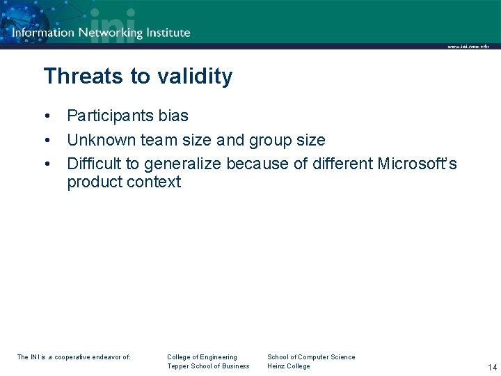 Threats to validity • Participants bias • Unknown team size and group size •