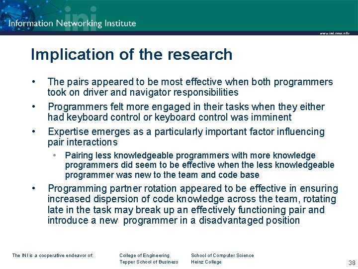 Implication of the research • • • The pairs appeared to be most effective