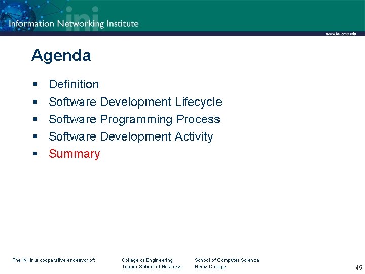 Agenda § § § Definition Software Development Lifecycle Software Programming Process Software Development Activity