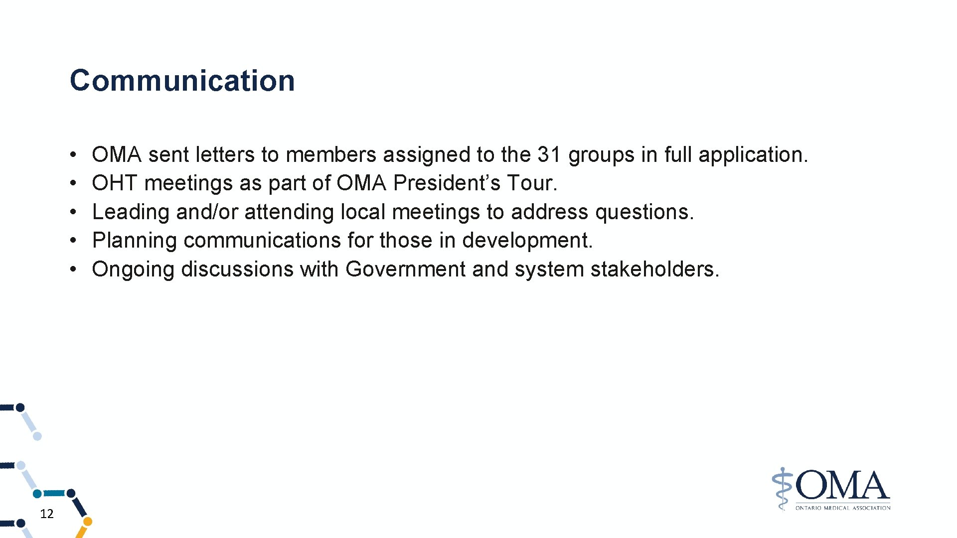 Communication • • • 12 OMA sent letters to members assigned to the 31