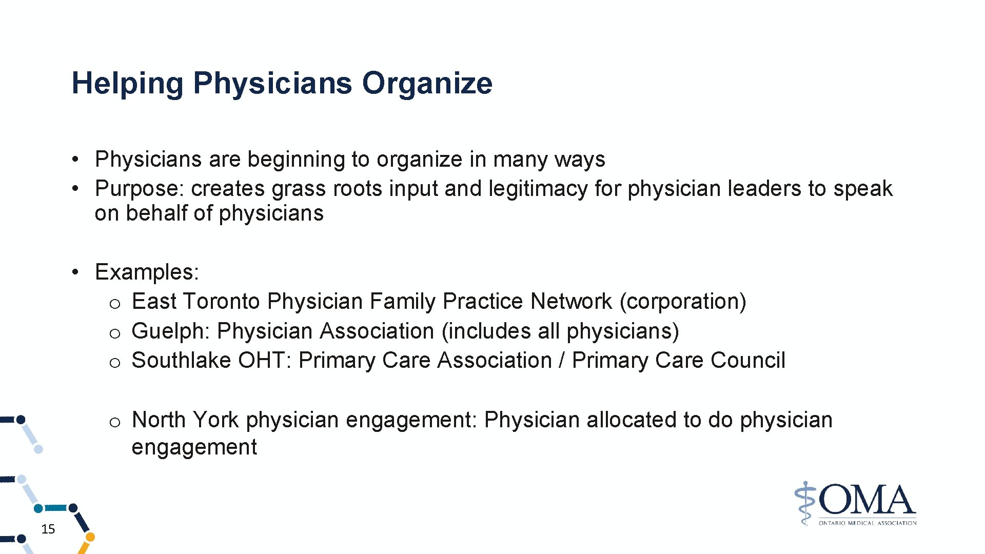 Helping Physicians Organize • Physicians are beginning to organize in many ways • Purpose: