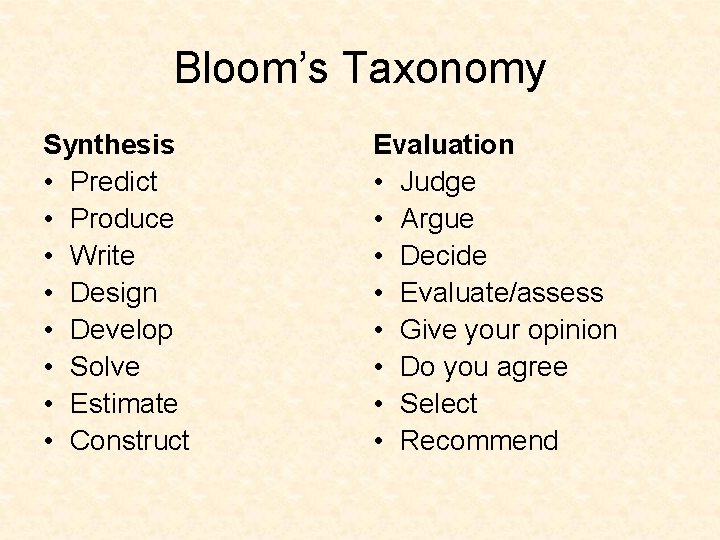 Bloom’s Taxonomy Synthesis • Predict • Produce • Write • Design • Develop •
