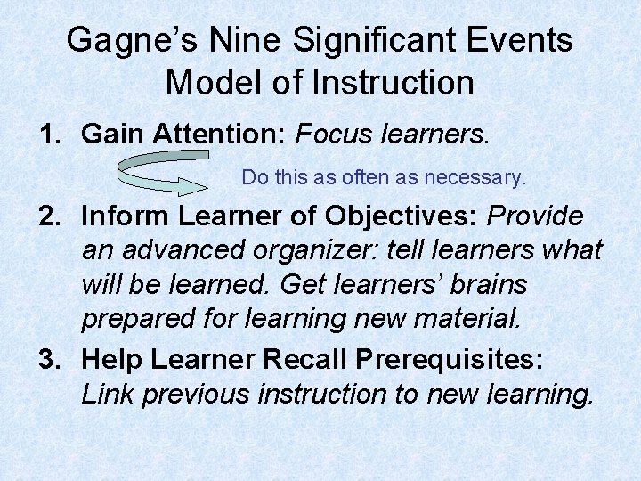 Gagne’s Nine Significant Events Model of Instruction 1. Gain Attention: Focus learners. Do this