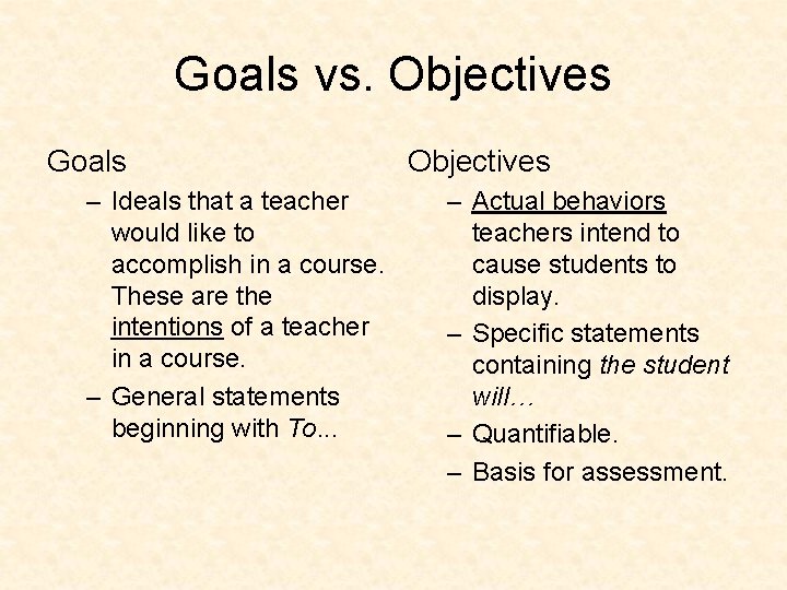 Goals vs. Objectives Goals – Ideals that a teacher would like to accomplish in