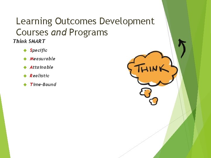 Learning Outcomes Development Courses and Programs Think SMART Specific Measurable Attainable Realistic Time-Bound 