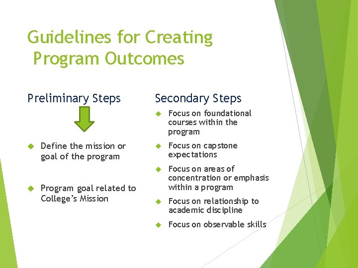 Guidelines for Creating Program Outcomes Preliminary Steps Define the mission or goal of the