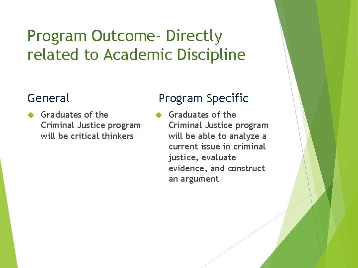 Program Outcome- Directly related to Academic Discipline General Graduates of the Criminal Justice program