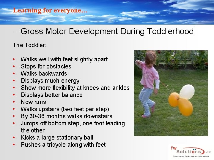 Learning for everyone… - Gross Motor Development During Toddlerhood The Toddler: • • •