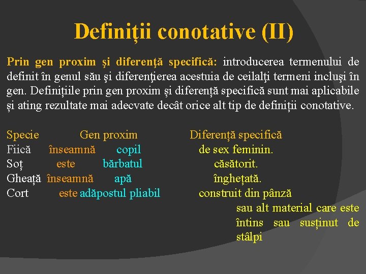 Definiții conotative (II) Prin gen proxim şi diferenţă specifică: introducerea termenului de definit în