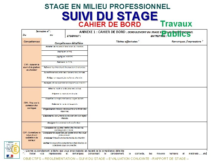 STAGE EN MILIEU PROFESSIONNEL SUIVI DU STAGE Travaux CAHIER DE BORD Publics OBJECTIFS –