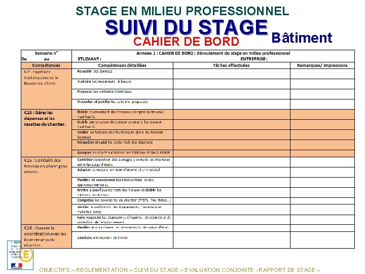 STAGE EN MILIEU PROFESSIONNEL SUIVI DU STAGE Bâtiment CAHIER DE BORD OBJECTIFS – REGLEMENTATION