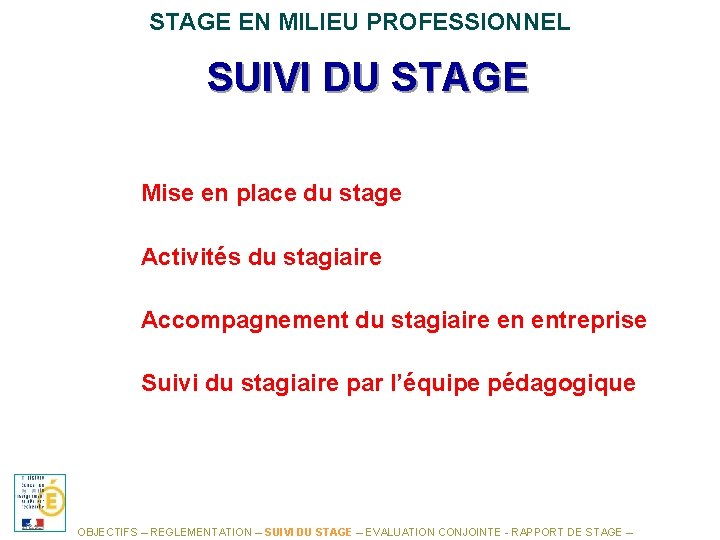 STAGE EN MILIEU PROFESSIONNEL SUIVI DU STAGE Mise en place du stage Activités du
