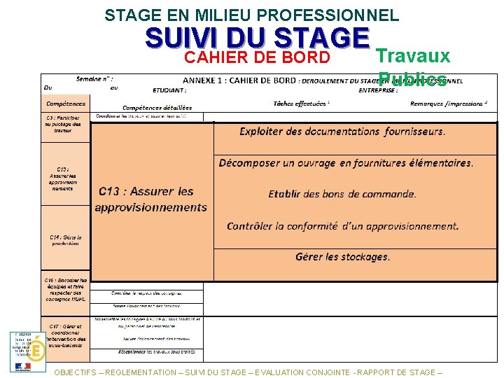 STAGE EN MILIEU PROFESSIONNEL SUIVI DU STAGE Travaux CAHIER DE BORD Publics OBJECTIFS –