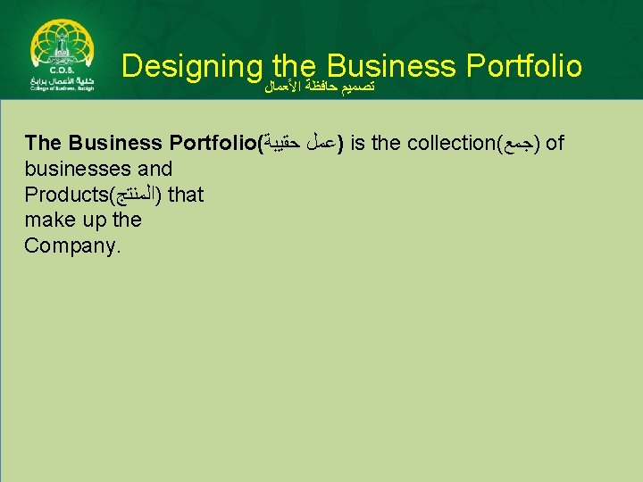 Designing the Business Portfolio ﺍﻷﻌﻤﺎﻝ ﺣﺎﻓﻈﺔ ﺗﺼﻤﻴﻢ The Business Portfolio( ﺣﻘﻴﺒﺔ )ﻋﻤﻞ is the