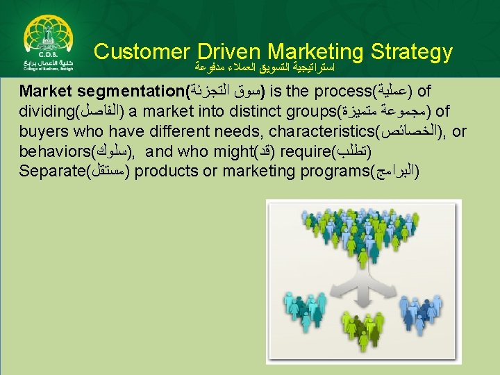 Customer Driven Marketing Strategy ﻣﺪﻓﻮﻋﺔ ﺍﻟﻌﻤﻼﺀ ﺍﻟﺘﺴﻮﻳﻖ ﺍﺳﺘﺮﺍﺗﻴﺠﻴﺔ Market segmentation( ﺍﻟﺘﺠﺰﺋﺔ )ﺳﻮﻕ is the