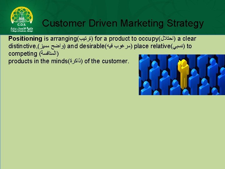 Customer Driven Marketing Strategy Positioning is arranging( )ﺗﺮﺗﻴﺐ for a product to occupy( )ﺍﺣﺘﻼﻝ