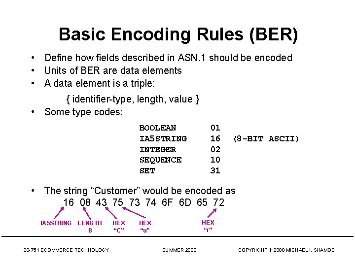 Basic Encoding Rules (BER) • Define how fields described in ASN. 1 should be