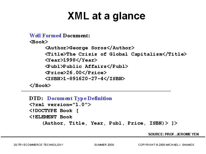 XML at a glance Well Formed Document: <Book> <Author>George Soros</Author> <Title>The Crisis of Global