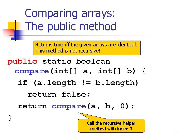 Comparing arrays: The public method Returns true iff the given arrays are identical. This