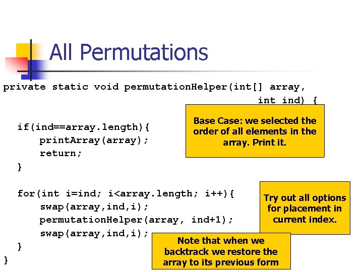 All Permutations private static void permutation. Helper(int[] array, int ind) { if(ind==array. length){ print.