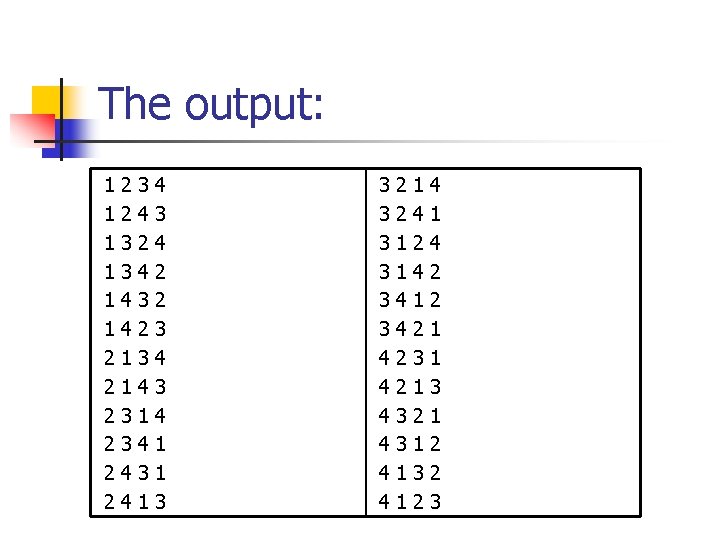 The output: 1 1 1 2 2 2 2 3 3 4 4 1