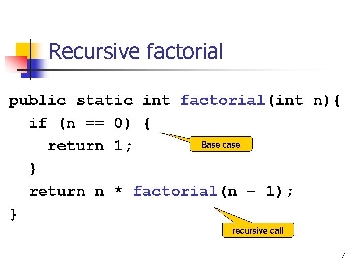 Recursive factorial public static int factorial(int n){ if (n == 0) { Base case