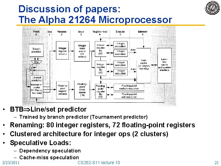 Discussion of papers: The Alpha 21264 Microprocessor • BTB Line/set predictor – Trained by