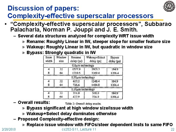 Discussion of papers: Complexity-effective superscalar processors • “Complexity-effective superscalar processors”, Subbarao Palacharla, Norman P.