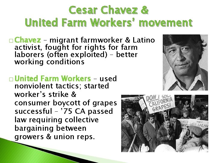 Cesar Chavez & United Farm Workers’ movement � Chavez – migrant farmworker & Latino