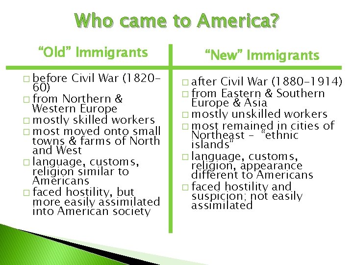 Who came to America? “Old” Immigrants � before Civil War (1820 - 60) �