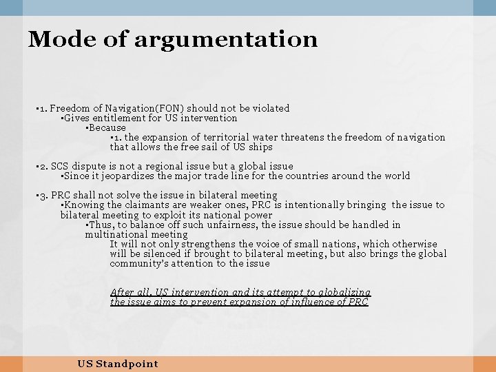 Mode of argumentation • 1. Freedom of Navigation(FON) should not be violated • Gives