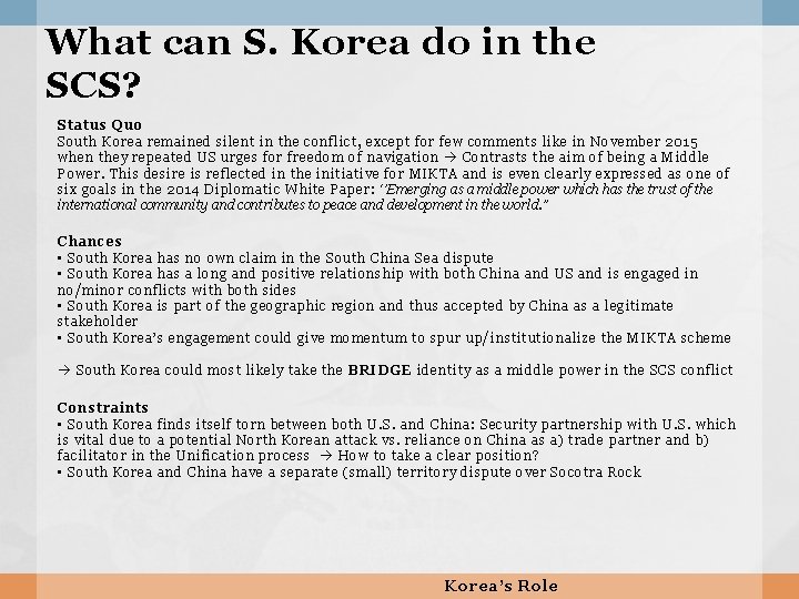 What can S. Korea do in the SCS? Status Quo South Korea remained silent
