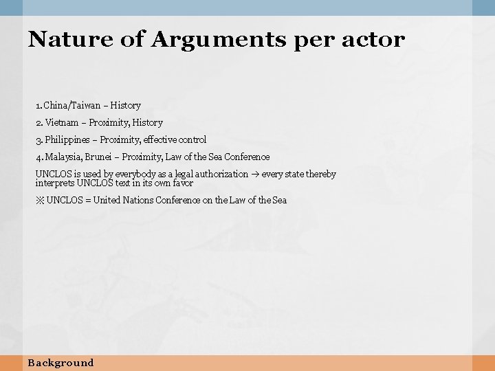 Nature of Arguments per actor 1. China/Taiwan – History 2. Vietnam – Proximity, History