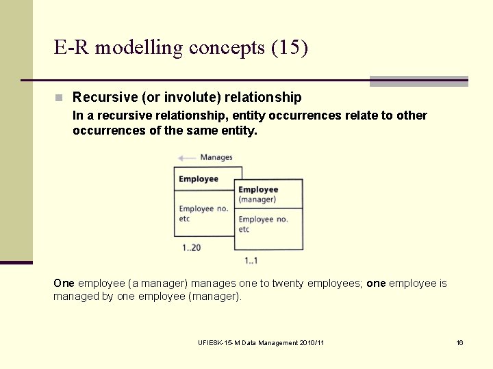 E-R modelling concepts (15) n Recursive (or involute) relationship In a recursive relationship, entity