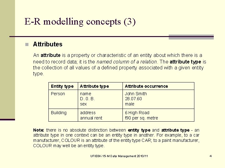 E-R modelling concepts (3) n Attributes An attribute is a property or characteristic of