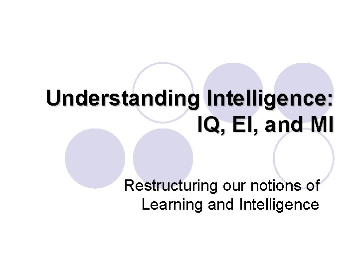 Understanding Intelligence: IQ, EI, and MI Restructuring our notions of Learning and Intelligence Understanding Intelligence: IQ, EI, and MI Restructuring our notions of Learning and Intelligence